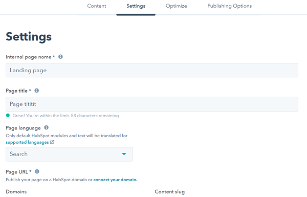 impostazioni-di-una-landing-page-hubspot