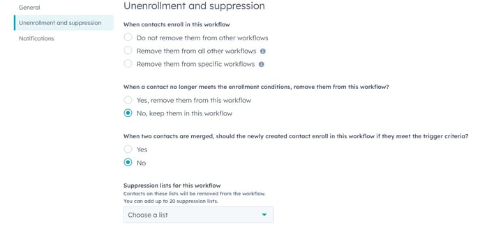 Le impostazioni di Unenrollment and suppression del workflow